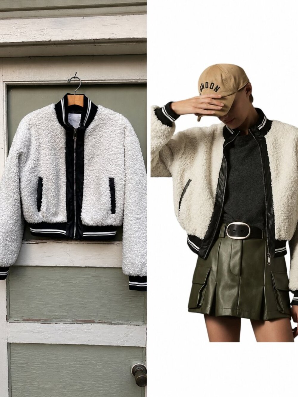 Avec Les Filles Cream Sherpa Fleece Varsity Bomber Jacket White Size S